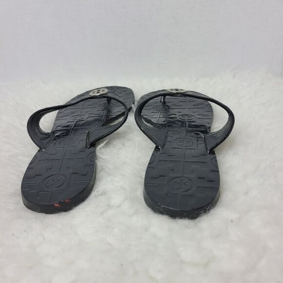 Tory Burch Womens Sandals Size 6M Thora Black Patent Leather Flip Flops Flats - Picture 3 of 9